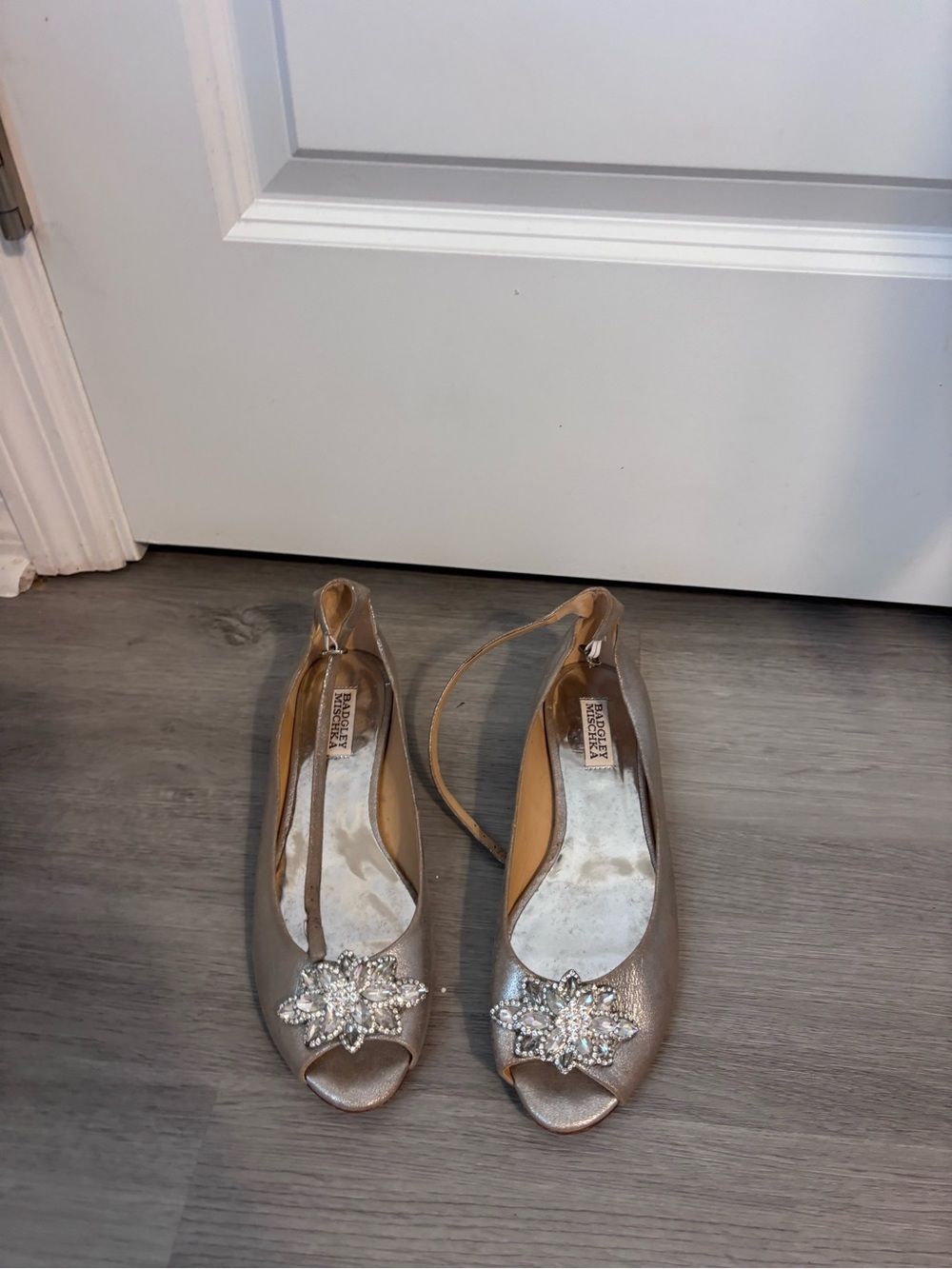 Badgley Mishka Metallic Taupe Women’s Peep-Toe Flats with Crystal Embellishment